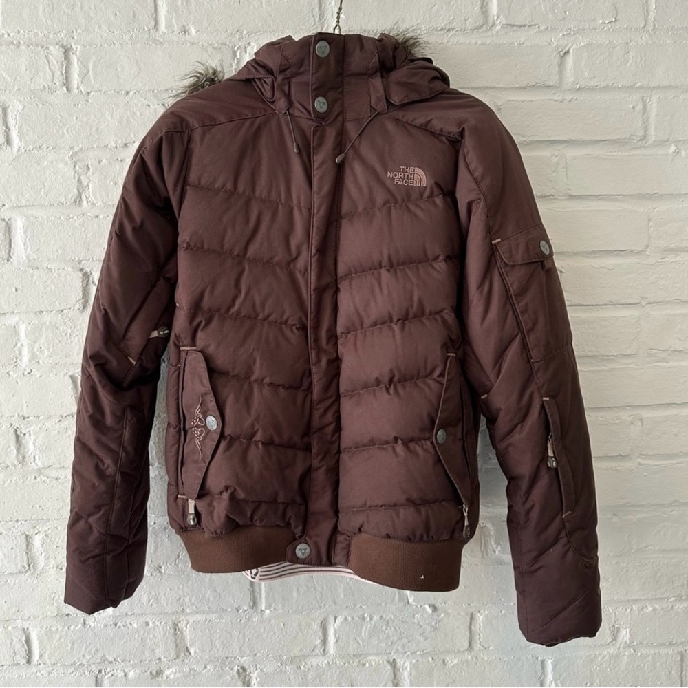 The North Face Brown Puffer Jacket with faux fur trimmed hood